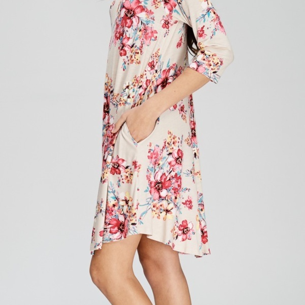 Floral Pocket Swing Midi Dress - Tan - Picture 3 of 7